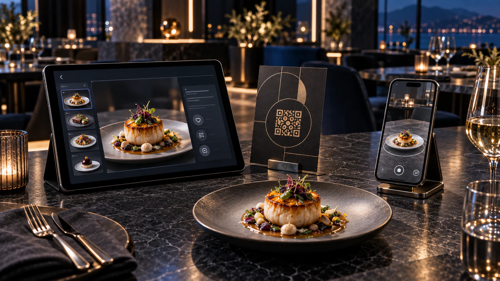 Visualizzazione illustrativa di un menu digitale su smartphone in un ristorante. Il QR rappresentato è dimostrativo, non attivo.