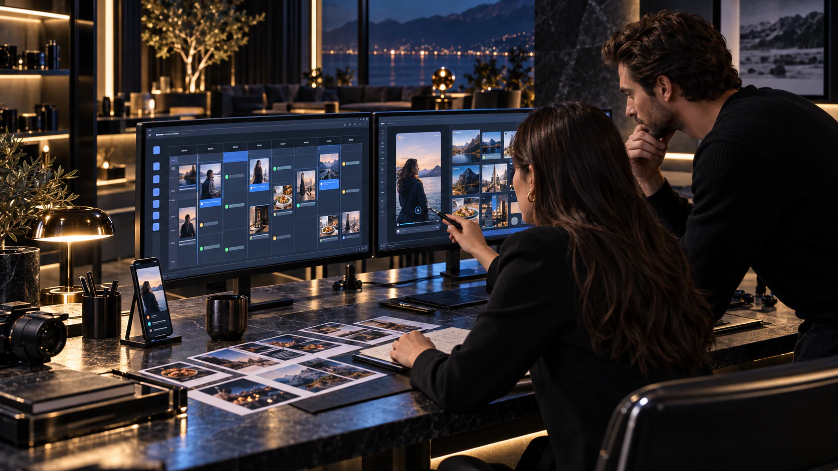 Visualizzazione di un team che pianifica contenuti social in studio.