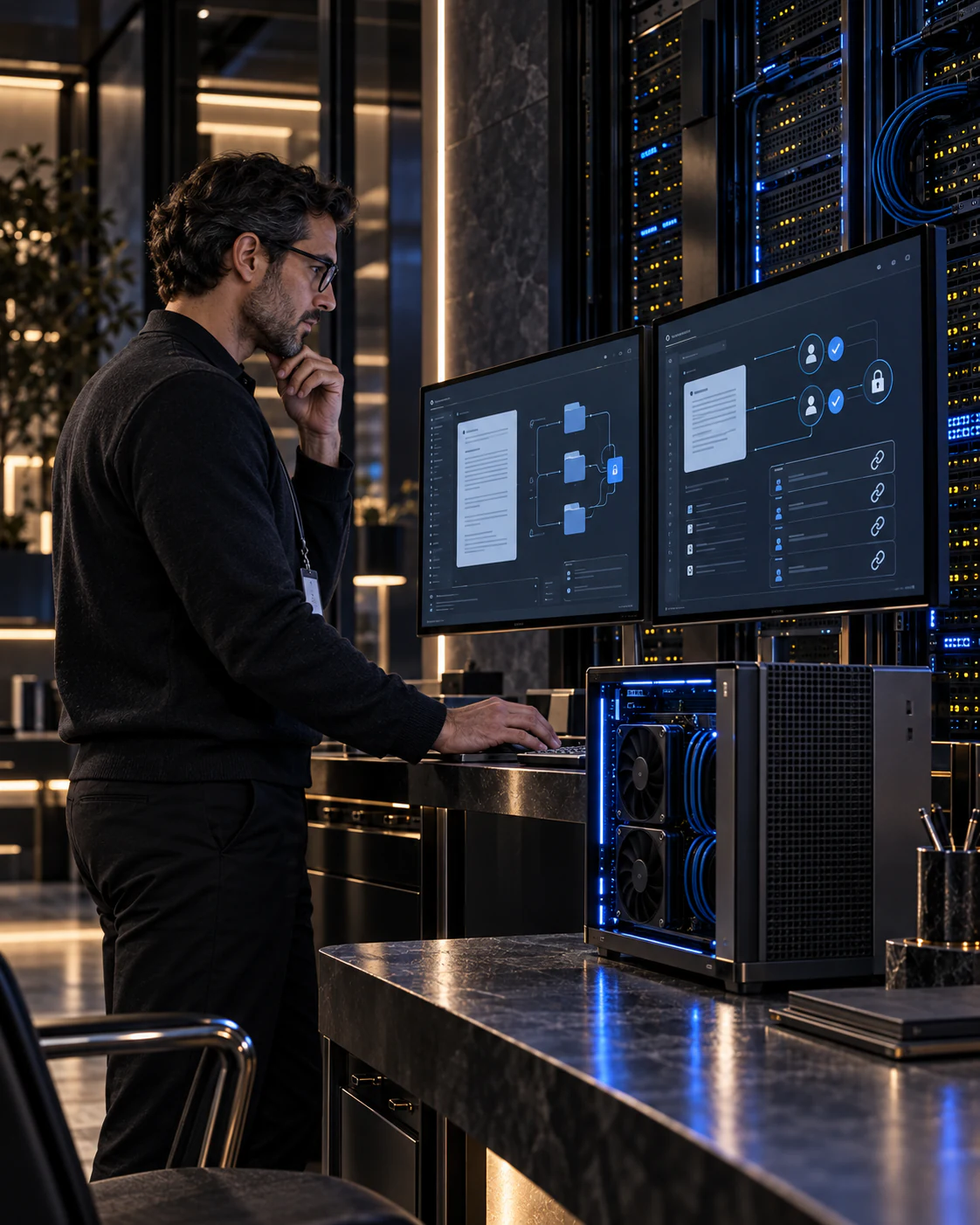 Due professionisti rivedono documenti e ricerca interna vicino a una sala server; scena illustrativa.
