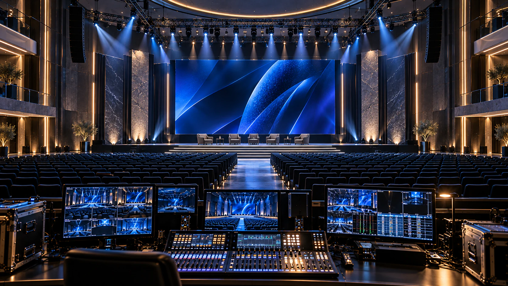 Tecnici preparano palco, luci e sedute di un auditorium; scena illustrativa.