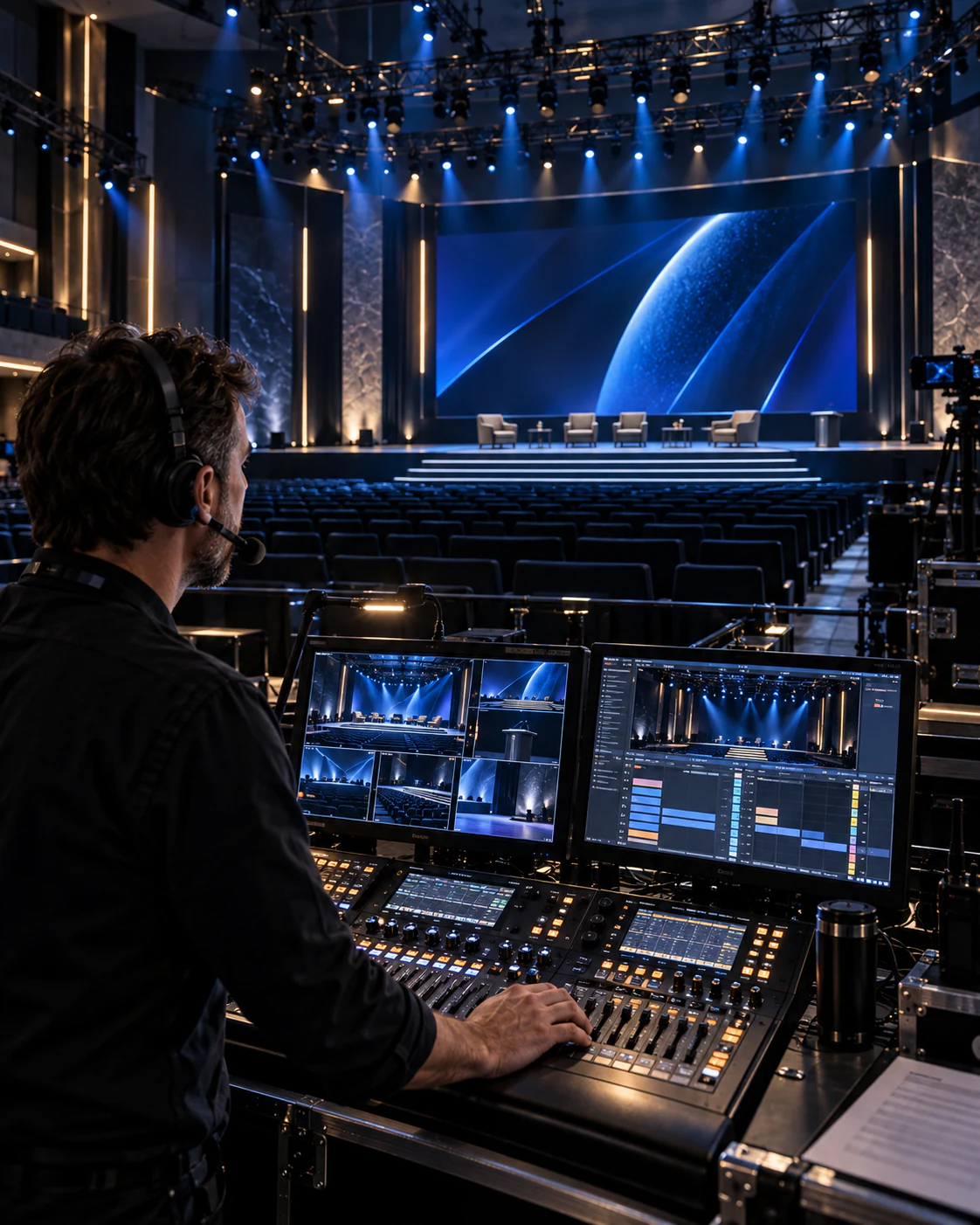 Sopralluogo tecnico in un auditorium prima di un evento; scena illustrativa.