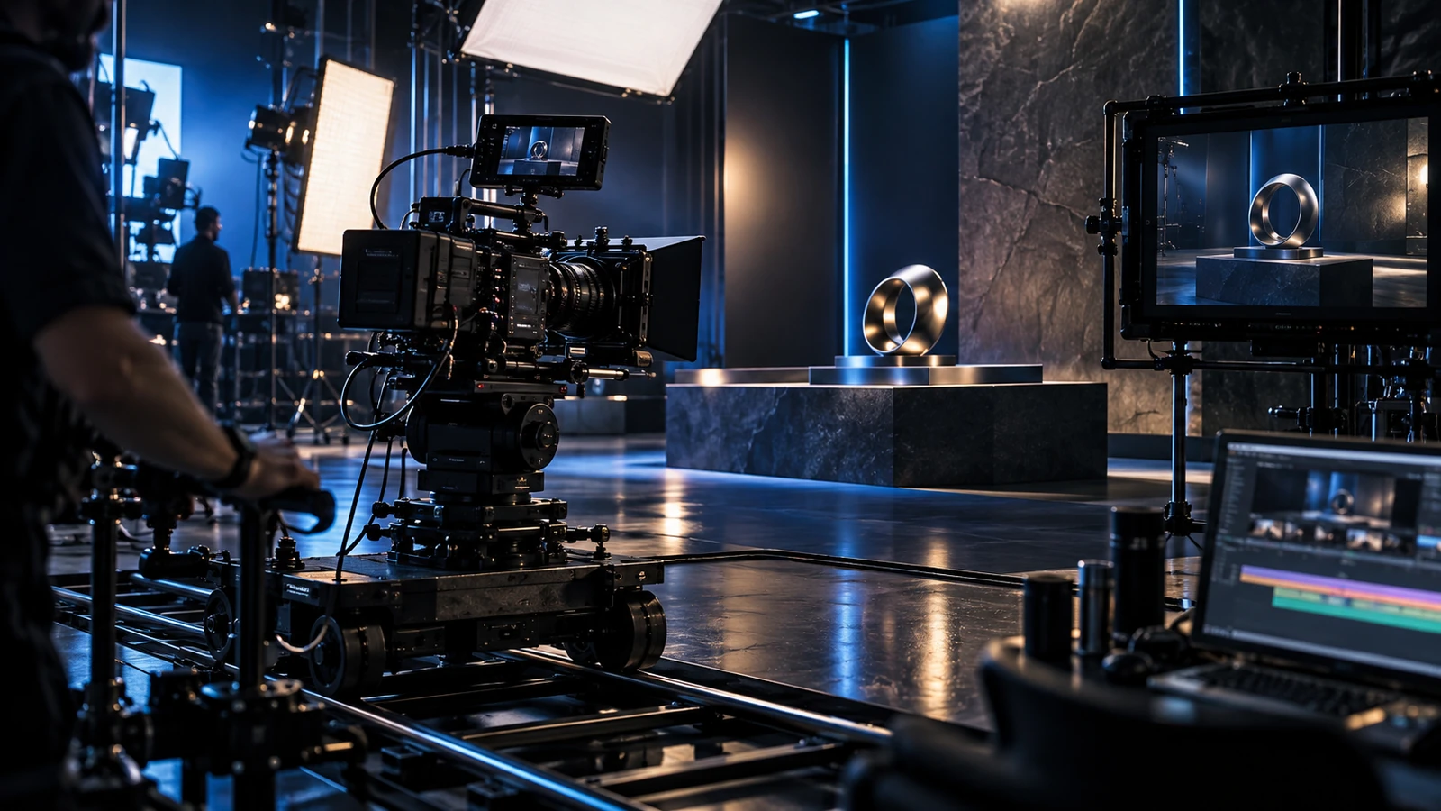 Camera cinematografica su un braccio meccanico di motion control; concept illustrativo di produzione.