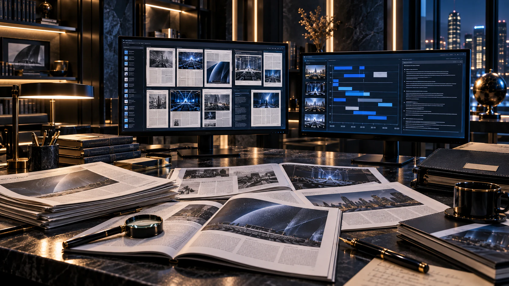 Visualizzazione fotografica di una redazione e materiali stampa, non relativa a una pubblicazione documentata.