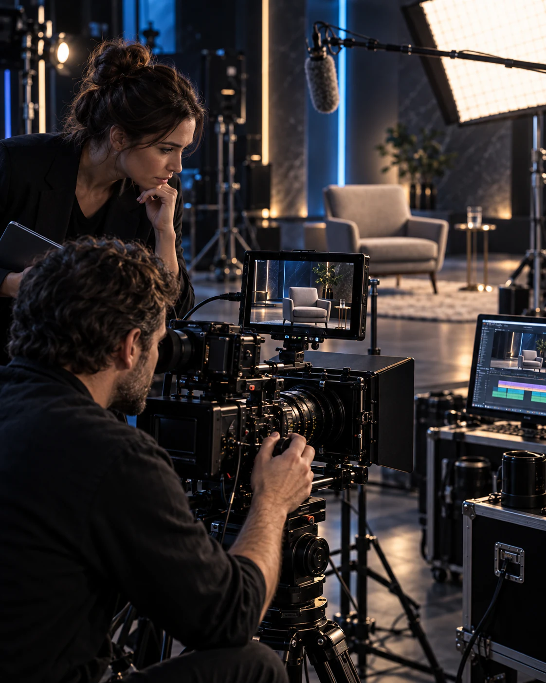 Preparazione di una video-intervista con operatore e telecamera; scena illustrativa.