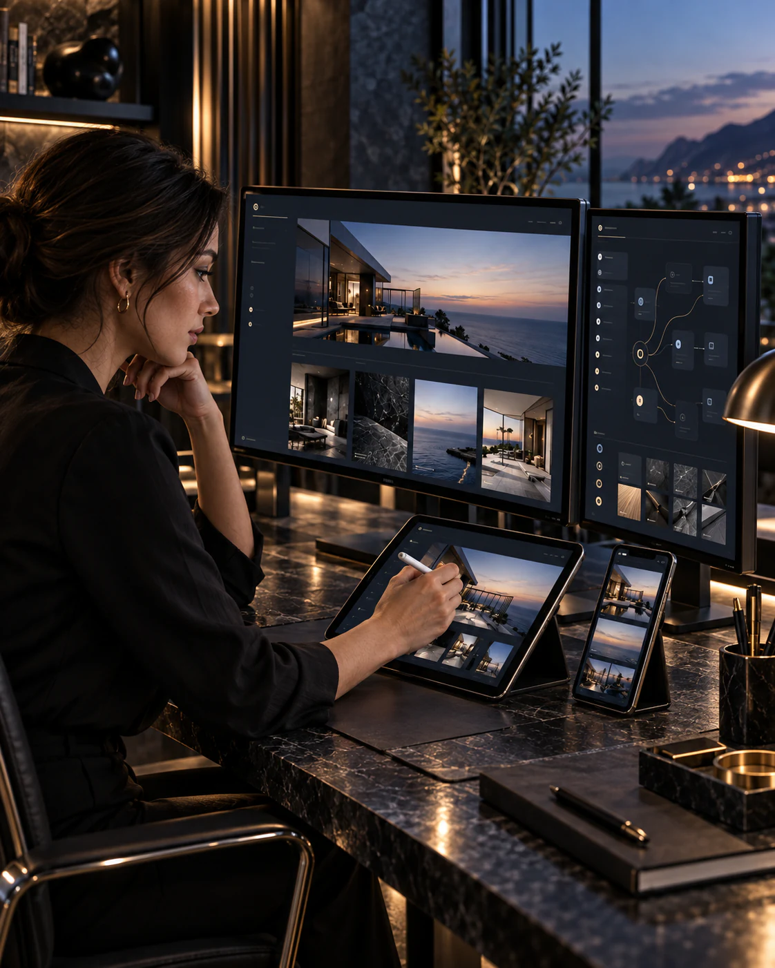 Designer e sviluppatore confrontano una pagina web su monitor e smartphone; scena illustrativa.