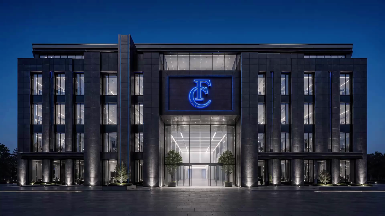 Visualizzazione concettuale di una facciata Forrester Creations con monogramma zaffiro illuminato.